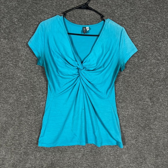 Ibex Womens Turquoise Twist Front V Neck Short Sleeve T Shirt Top M - Picture 1 of 12